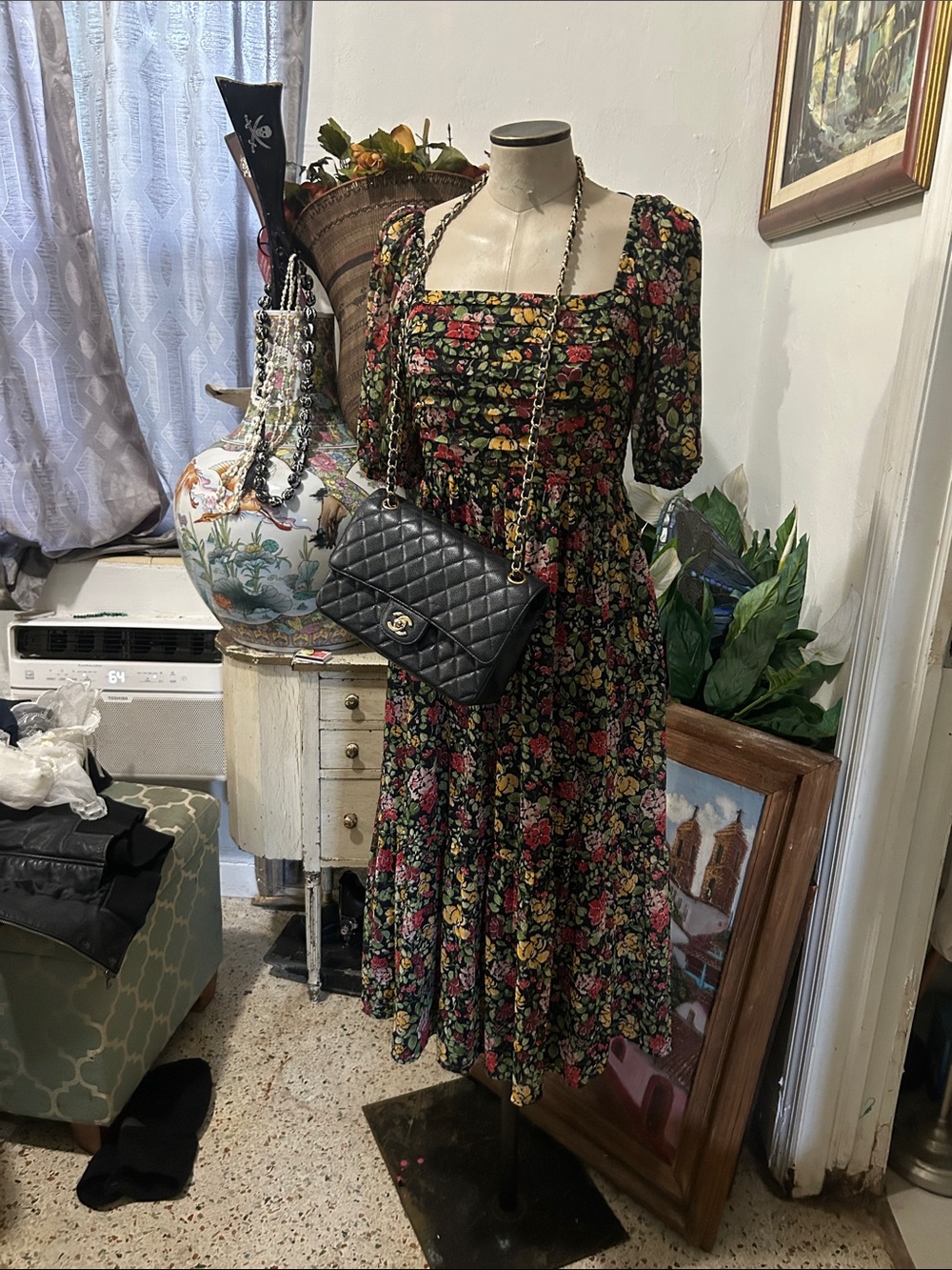 LC Lauren Conrad Black Floral Square-Neck Midi Dress
